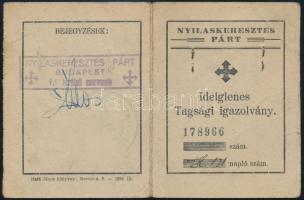 1939 Nyilaskeresztes Párt ideiglenes fényképes tagsági igazolvány, tagdíjbélyeggel