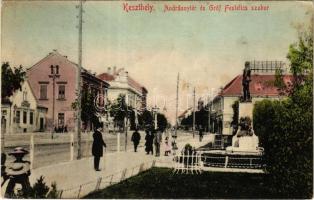 1909 Keszthely, Andrássy tér és Gróf Festetics szobor, üzletek. Sujánszky József kiadása (fl)