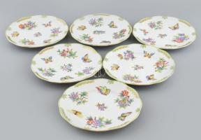Herendi Viktória mintás 6db süteményes tányér, kézzel festett porcelán, jelzett, kopásnyomokkal