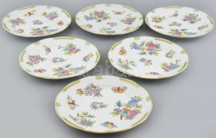 Herendi Viktória mintás 6db lapostányér, kézzel festett porcelán, jelzett, kopásnyomokkal