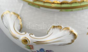 Herendi Viktória mintás leveses tál fedéllel, kézzel festett porcelán, jelzett, hibátlan, apró kopás...