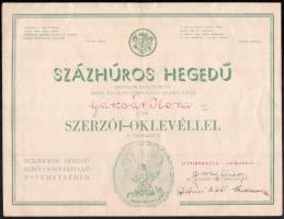 1940 100 húros hegedű irodalmi kötetben való szereplésén járó oklevél lovag Sándor aláírásával