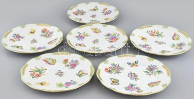 Herendi Viktória mintás 6db süteményes tányér, kézzel festett porcelán, jelzett, kopásnyomokkal