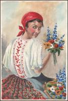 Szamosy jelzéssel: Lány virágcsokorral. Akvarell, papír, 30x20 cm