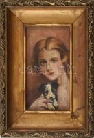Jelzés nélkül: Lány kiskutyával. Olaj, karton. Dekoratív, kissé sérült fakeretben. 19,5x11,5 cm