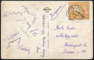 1947 Az FTC labdarúgói által Máltáról hazaküldött képeslap a játokosok Mátrai, Dékány, Kertész, stb / Autograph signed postcard of the Hungarian football team FTC.