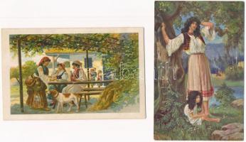 Cigányok - 4 db régi képeslap / Gypsy folklore - 4 pre-1945 postcards