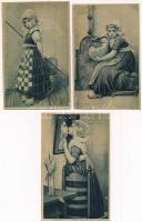 Holland kislányok - 3 db régi dombornyomott litho képeslap / Dutch girls - 3 pre-1945 embossed litho postcards