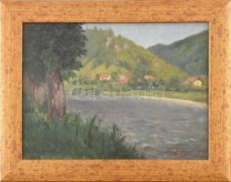 Daffinger Hanna (1883-?), 1909-ben a nagybányai szabadiskolában tanult: Vízparti táj. Olaj, karton. Jelzett. Dekoratív fakeretben. 25x33,5 cm.