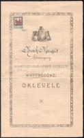 1919 Nagyvárad, Kisdedóvónő-képző Intézet, kisdedóvónői oklevél, felzetes viaszpecséttel, 2 Kr okmánybélyeggel