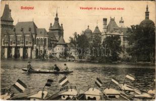 1909 Budapest XIV. Városligeti tó, Vajdahunyad vára. Hátoldalon a "A Nap" apróhirdetési levelezőlap reklám (EK)