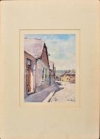 Csánky Dénes (1885-1972): Óbuda, Serfőző utca. Akvarell, papír, jelzett, kissé foltos. Paszpartuban. 21,5×15,5 cm