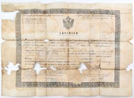 1860 Osztrák címeres katonai végelbocsájtó levél, obsit, felzetes pecséttel, erősen sérült