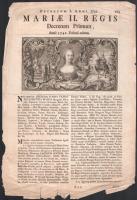 Az 1741. évi törvénycikkek szövege, amelyben Mária Teréziát Magyarország és a hozzá kapcsolt területek királynőjévé koronázták. Latin nyelven, Mária Terézia arcképét ábrázoló metszettel illusztrálva, 2 p., hajtva, a lap szélein sérült.