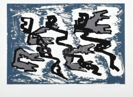 Frank Magda (1914-1997): Absztrakt kompozíció. Szitanyomat, papír, jelzett, művészpéldány EA/EXP jelzéssel. 26×39 cm / Magda Frank (1914-1997): Abstract composition. Screenprint on paper, signed, EA/EXP artists proof, 26×39 cm.
