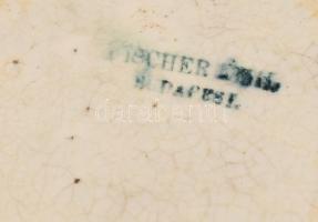 Fischer Emil virágmintás fajansz kancsó, jelzett, mázrepedésekkel, néhány csorbával, m: 17,5 cm