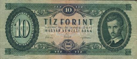 1962. 10Ft hátlapon sorszám felett jobbra "10-es" számjegy és virágminta kitörve! Ismeretlen lemezhiba?! T:II-