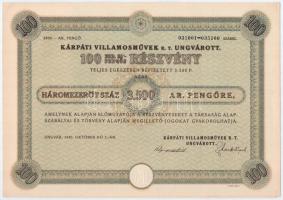 Ungvár 1940. "Kárpáti Villamosművek R.T. Ungvárott" 100db részvénye egyben, összesen 3500P-ről, szárazpecséttel, szelvényekkel T:I- / Hungary / Ungvár 1940. "Carpathian Electric Company in Ungvár" 100 shares in one, all about 3500 Pengő, with embossed stamp and coupons C:AU