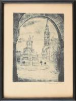 Olvashatatlan jelzéssel: Szent István szobor, Budai vár, 1936. Rézkarc, papír. 23x17 cm. Üvegezett fakeretben.