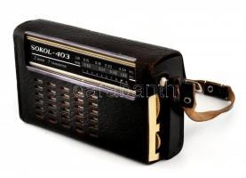 Sokol-403 hordozható rádió, bőr tokkal, tápkábel nélkül, nem kipróbált, 16,5x9,5 cm