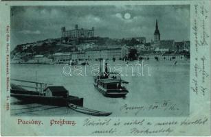 1900 Pozsony, Pressburg, Bratislava; vár és ingahajó este. Carl Otto Hayd No. 9328. / castle and steamship at night