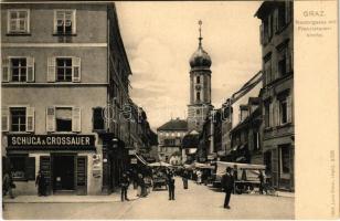 Graz, Neutorgasse mit Franziskanerrkirche, Schüga & Grossauer / street market, shops, church