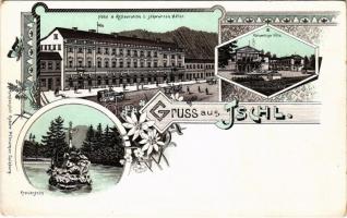 Bad Ischl, Hotel & Restauration z. schwarzen Adler, Kaiserliche Villa, Kreuzstein / hotel and restaurant, royal villa, cross. Kunstanstalt Robert Pfleumer Art Nouveau, floral, litho