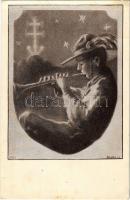 Cserkész kürttel. Kiadja a Magyar Cserkészszövetség kiadóvállalata / Hungarian boy scout art postcard, boy scout with horn s: Mátis (apró lyuk / tiny pinhole)