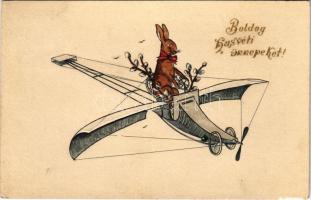 1914 Boldog húsvéti ünnepeket! / Easter greeting art postcard, rabbit in an airplane. Emb. (b)