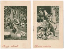 2 db RÉGI magyar húsvéti üdvözlő képeslap nyulakkal / 2 pre-1945 Hungarian Easter greeting postcards with rabbits