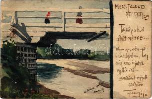 Mezőtelegd, Tileagd; Tájkép a híd alatt nézve. kézzel festett művészlap / hand-painted art postcard (r)