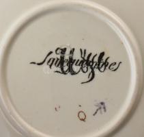 Sarreguemines régi fajansz teás csésze és mokkás alj, részben jelzett, repedt, kopott