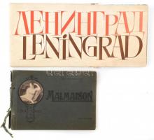 cca 1920-1980 2 db régebbi városképes album: Malmaison, fekete-fehér képekkel, zsinórfűzéses, sérült albumban, több lap kijár + Leningrád, színes nagyméretű képekkel, sérült papírmappában