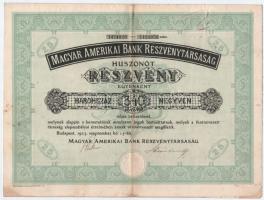 Budapest 1923. Magyar Amerikai Bank Részvénytársaság 25 részvénye egyenként 340K-ról, szelvényekkel és szárazpecséttel T:III