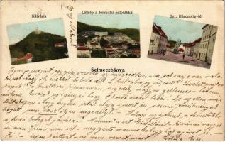 1908 Selmecbánya, Schemnitz, Banská Stiavnica; Kálvária, látkép a főiskolai palotákkal, Szentháromság tér. Grohmann és Kukta kiadása / calvary, academy palaces, square (EK)