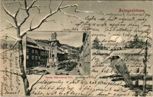 1909 Selmecbánya, Schemnitz, Banská Stiavnica; Szentháromság tér és szobor, piac. Joerges özv. és fia kiadása, Téli montázs / Trinity statue and square, market. Winter montage (EB)