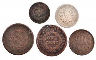 Amerikai Egyesült Államok 1846-1906. 1c-5c (5xklf) T:2-3 erősen sérült darab is USA 1864-1906. 1 Cent - 5 Cents (5xdiff) C:XF-F with strongly damaged pc