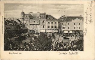 1904 Győr, Széchenyi tér, piac, Raab Lajos és Cohn Móricz és Társa üzlete. Berecz Viktor kiadása (fl)