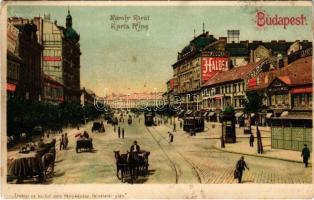 1907 Budapest V. Károly körút, villamosok, Haldek szőnyegház, Wellinger és Weiss, Strausz üzlete. Erdélyi cs. és kir. udvari fényképész felvételei után. litho (fa)