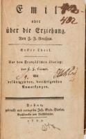 Jean-Jacques Rousseau: Emil oder über die Erziehung. Erster Theil. Brünn, 1791., Johann Sylvester Siedler, 516+2 p. Német nyelven. Korabeli kartonált papírkötés, kopott borítóval, a címlapon bejegyzésekkel.