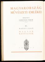 Rados Jenő: Magyar kastélyok. Gerevich Tibor előszavával. Magyarország művészeti emlékei IV. köt. Bp.,1939, Műemlékek Országos Bizottsága - Kir. M. Egyetemi Nyomda, 404+1 p. +1(kihajtható térképvázlat) t.+11 (kép mellékletek) t. A 79-394 oldalak között, I-től CLVIII-ig számozott fekete-fehér képtáblával. Gazdag szövegközti fekete-fehér képanyaggal illusztrált. Kiadói félbőr-kötésben, kopott, foltos borítóval, sérült gerinccel.  Elhalványul bélyegzéssel: "Fügedi Erik Könyve." Fügedi Erik (1916- 1992) történész könyvtárából.