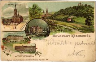 1898 (Vorläufer) Kőszeg, Római katolikus templom, Laktanya, K.u.K. katonai alreáliskola, hidegvíz-gyógyintézet. Róth Jenő kiadása. Art Nouveau, floral, litho (EB)