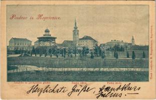 1899 (Vorläufer) Kapronca, Kopreinitz, Koprivnica; Setaliste sa paviljonom glasbe, Zupna crkva, Pucka skola / school, church, spa pavilion