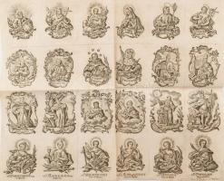 cca XIX. sz. eleje Szentek képei, 1 sztl. lev. rajta 24 szenttel, rézmetszet, papír, jelzés nélkül, körbevágott, hajtott, 31x37 cm