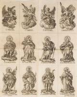 cca XIX. sz. eleje Szentek képei, 1 sztl. lev. rajta 12 szenttel, rézmetszet, papír, jelzés nélkül, körbevágott, hajtott, 37x31 cm
