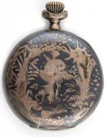 Régi zsebóra, vadászjelenettel díszített ezüst (Ag) tokkal, Remontoir 15 köves szerkezettel, nem műk...