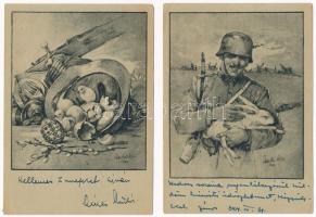 2 db RÉGI második világháborús magyar katonai húsvéti üdvözlő tábori postai levelezőlap / 2 pre-1945 WWII Hungarian military Easter greeting postcards