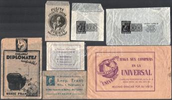 7 db reklámtasak (Lacza László bélyegszaküzlete, Leopold Traub Briefmarken, stb.), vegyes méretben
