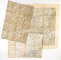 cca 1900-1910 Pápa és környéke térképek, 3 db, hajtottak, az egyik javított, 2 vászonra kasírozva, 66x48 cm és 38x52 cm közötti méretben