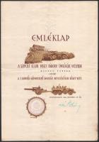 1945 Emléklap a szovjet ellen viselt háború emlékére, a M. kir. 2. Honvéd Gépkocsizó Dandár Felderítő Zászlóalj bélyegzésével, szárazbélyegzővel. Hajtva
